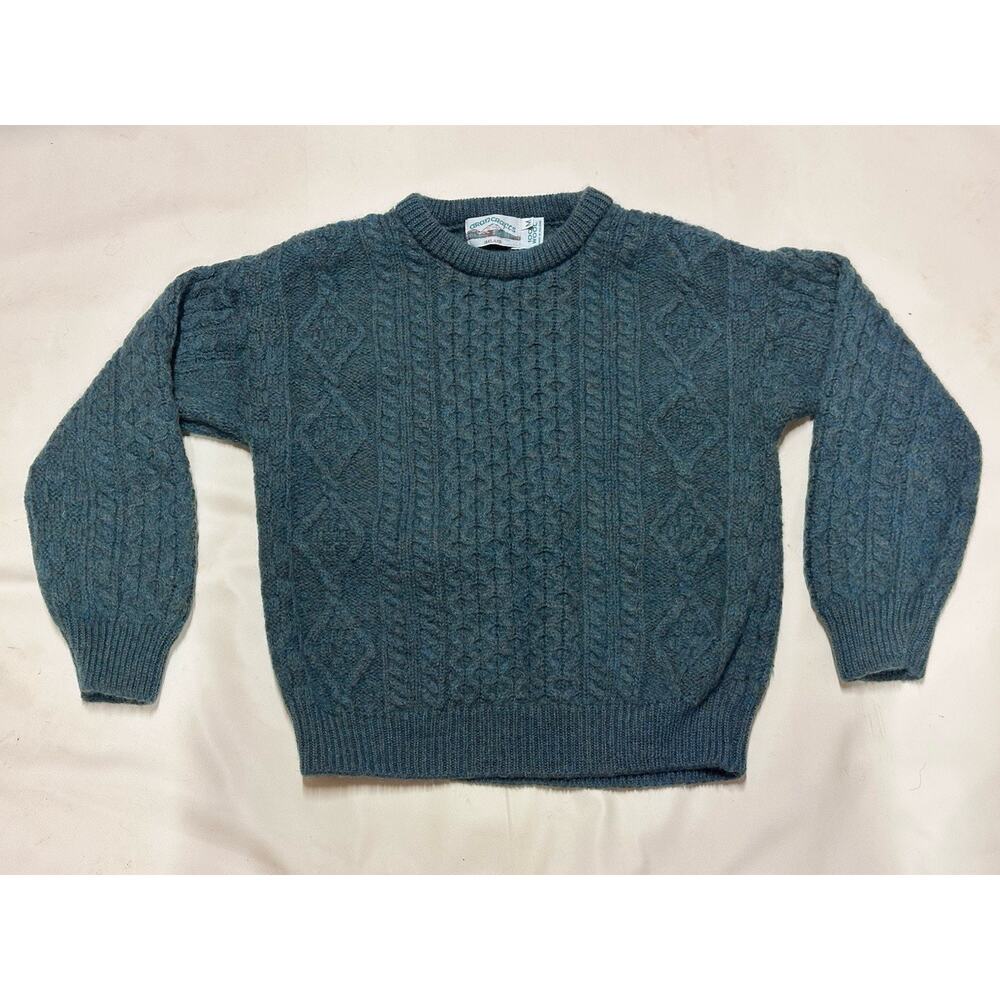 Vtg Arancrafts Forest Green Wool Knit Fisherman Sweater Cable Knit SZ M